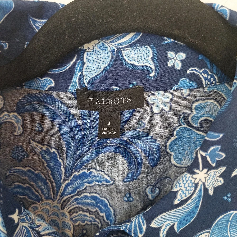 Talbots Blue Button Down Bishop‎ Sleeves Floral Midi Dress Size 4